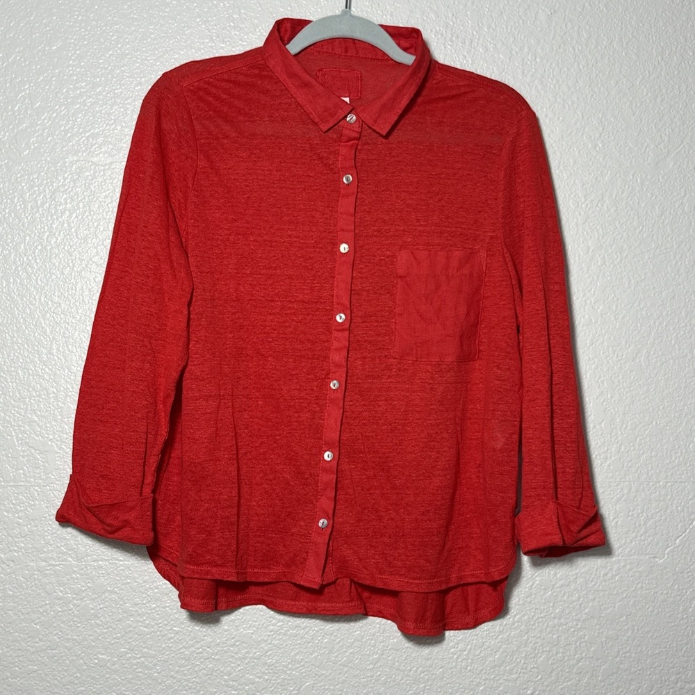 Sigrid Olsen 100% Linen Shirt Womens L Red Button‎ Up Coastal Beach Lagenlook